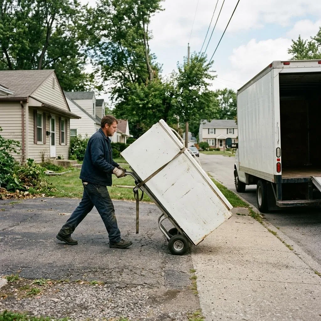 Worker moving an old refrigerator on a hand truck toward a box truck