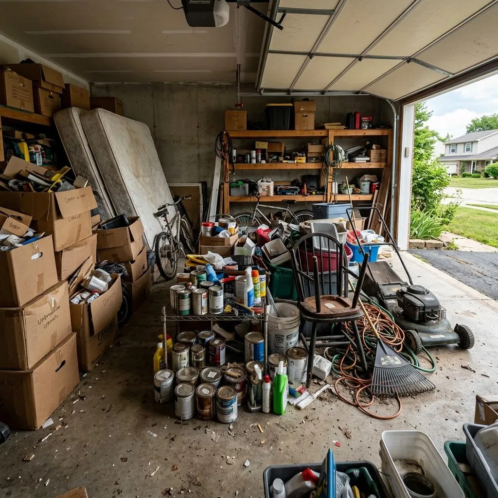 A garage with furniture, boxes, and household items ready to be cleared