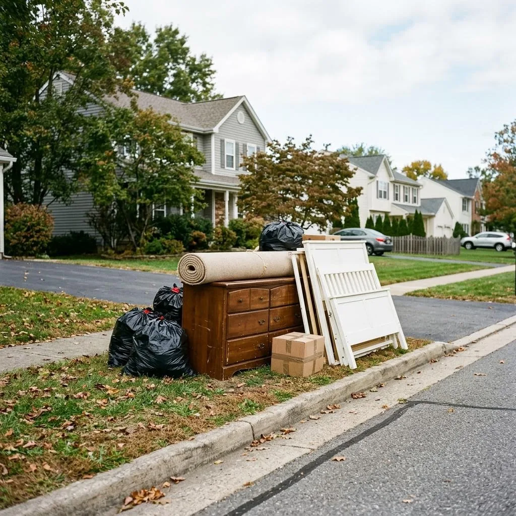 Household junk staged in a driveway, ready for full-service pickup