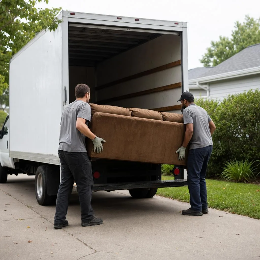 Crew loading an old sofa into a junk removal truck