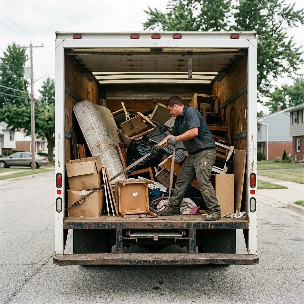 Box truck bed loaded with household junk, worker securing a strap